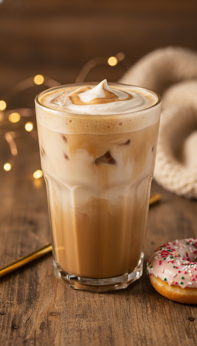 Dunkin' Toasted White Chocolate Iced Coffee with creamy cold foam, melting ice, donut, and gold straw on a rustic wooden table in golden hour light. Lifestyle image.