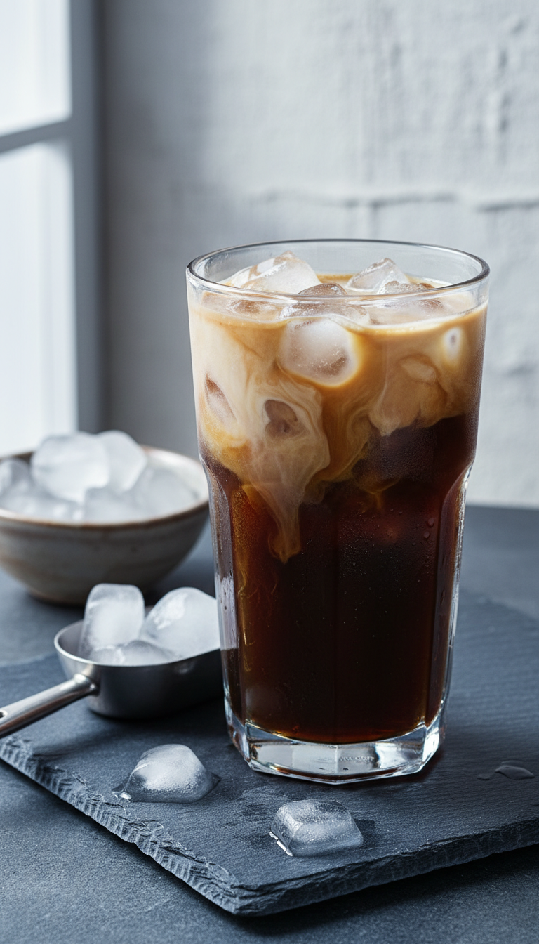 Dunkin' Toasted White Chocolate Iced Cold Brew in clear glass, dark coffee with creamy swirl, ice, on dark stone in soft window light.