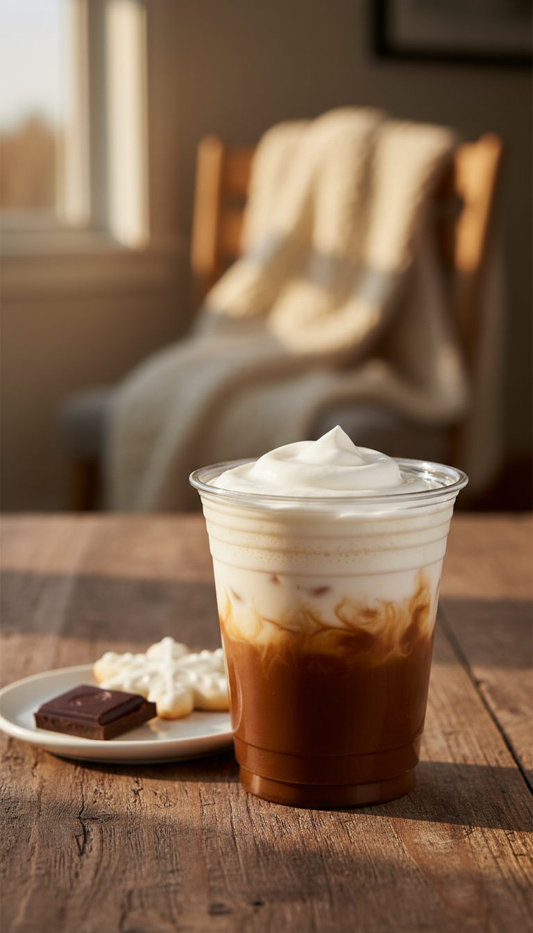 Dunkin' Toasted White Chocolate Macchiato in clear cup, layered espresso, milk, foam. Rustic wood, chocolate, warm golden light, cozy.