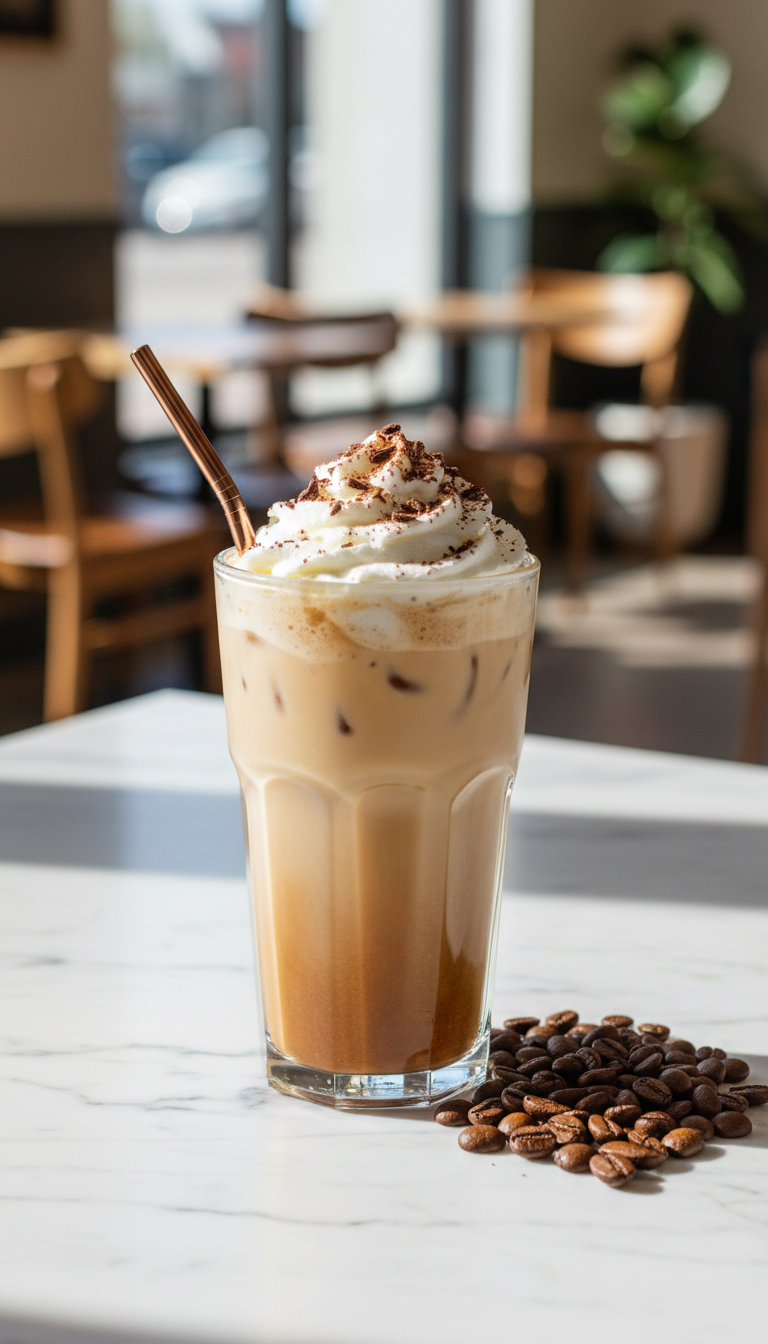 Dunkin' White Chocolate Iced Coffee Perfect Order 1 Dunkin' Toasted White Chocolate Signature Iced Latte, espresso, white chocolate, whipped cream, cinnamon, metal straw on marble. Cozy coffee shop.