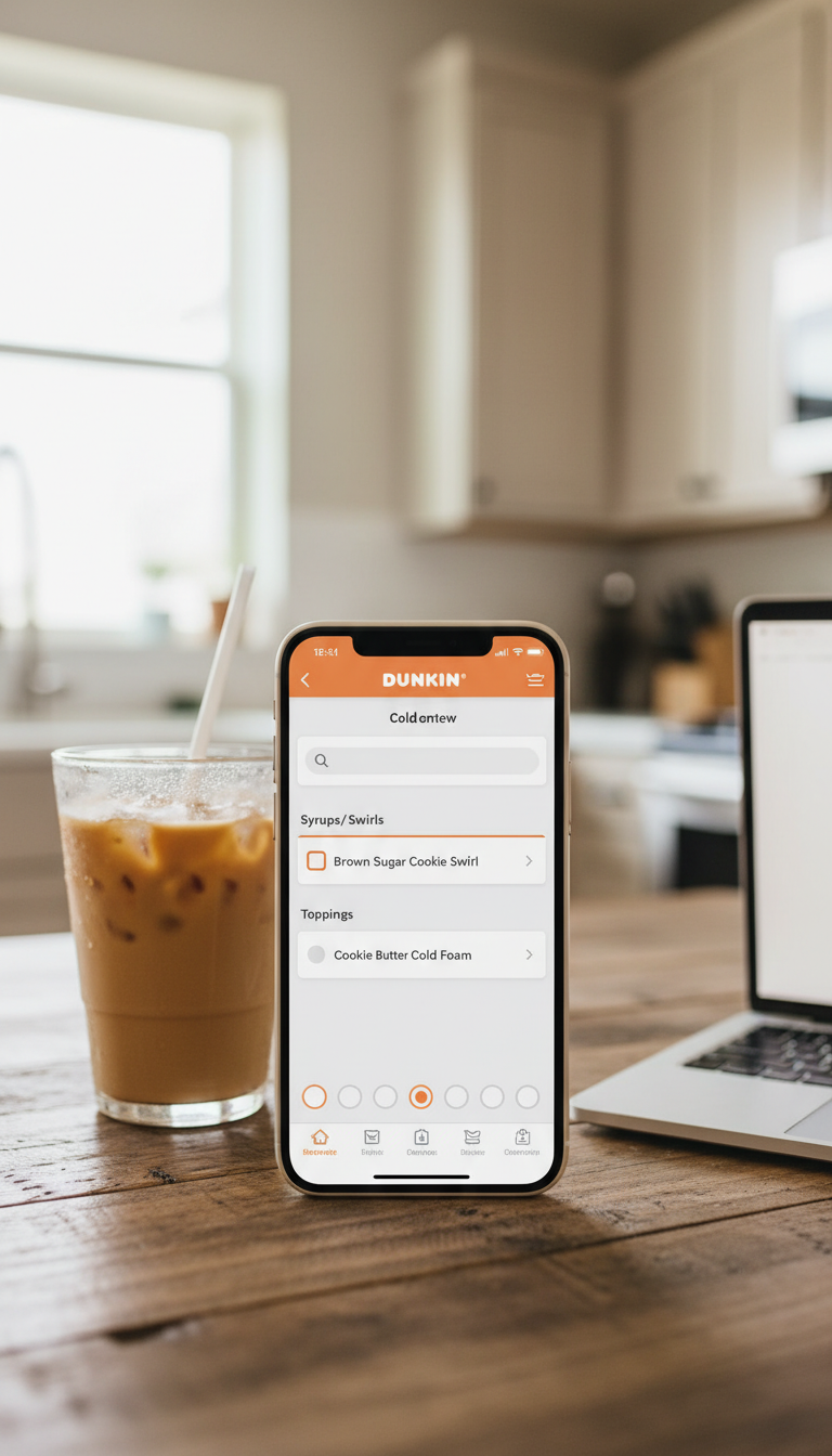 Dunkin' app: Customizing cold brew with Cookie Butter Cold Foam & Brown Sugar Cookie Swirl. On rustic table with iced coffee.