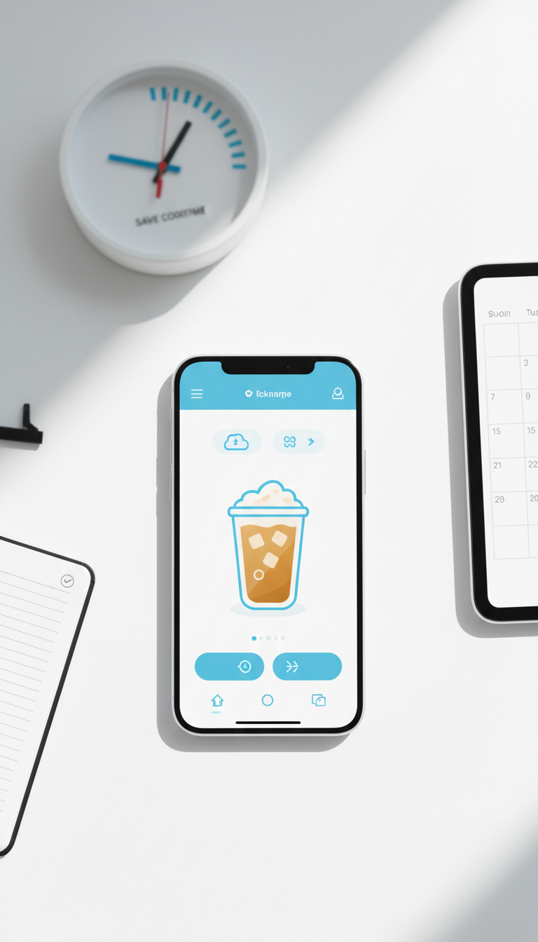 Dunkin' app 'Favorites' for quick iced coffee reorder, showing custom drink on phone. Efficient mobile ordering, checklist.