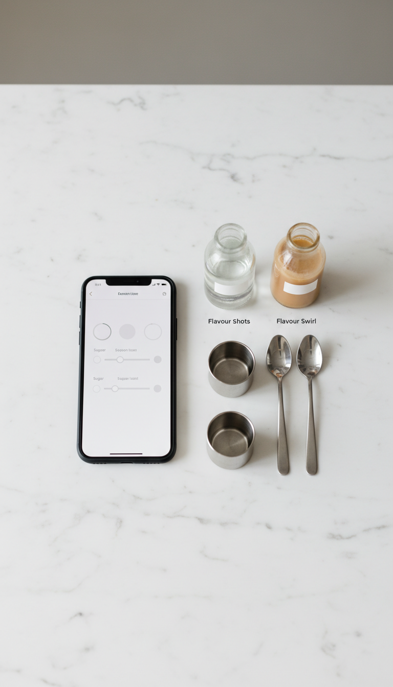 Dunkin' app flavor customization screen with blurred inputs, showing flavor shots and swirls for custom coffee drinks.