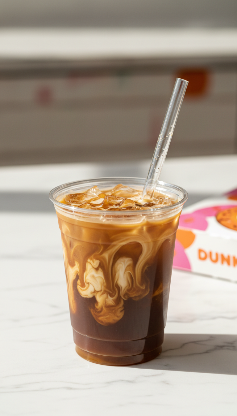 Order Caramel Iced Coffee: Dunkin's 7 Secret Customizations 1 Dunkin' caramel iced coffee, rich golden brown caramel syrup swirling into dark coffee in a clear cup, on a marble counter.