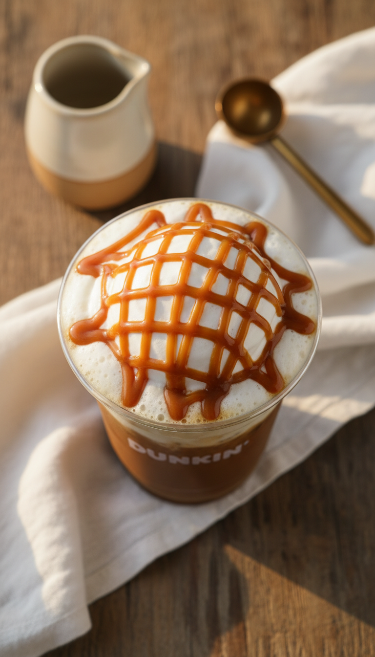 Order Caramel Iced Coffee: Dunkin's 7 Secret Customizations 7 Dunkin' caramel iced coffee topped with thick white cold foam and caramel drizzle, flat lay on rustic wood.