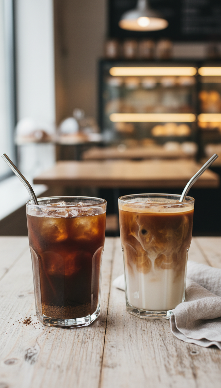 Dunkin' iced coffee and rich cold brew with milk swirl, comparing drinks on wooden table with steel straws. Bakery blur.