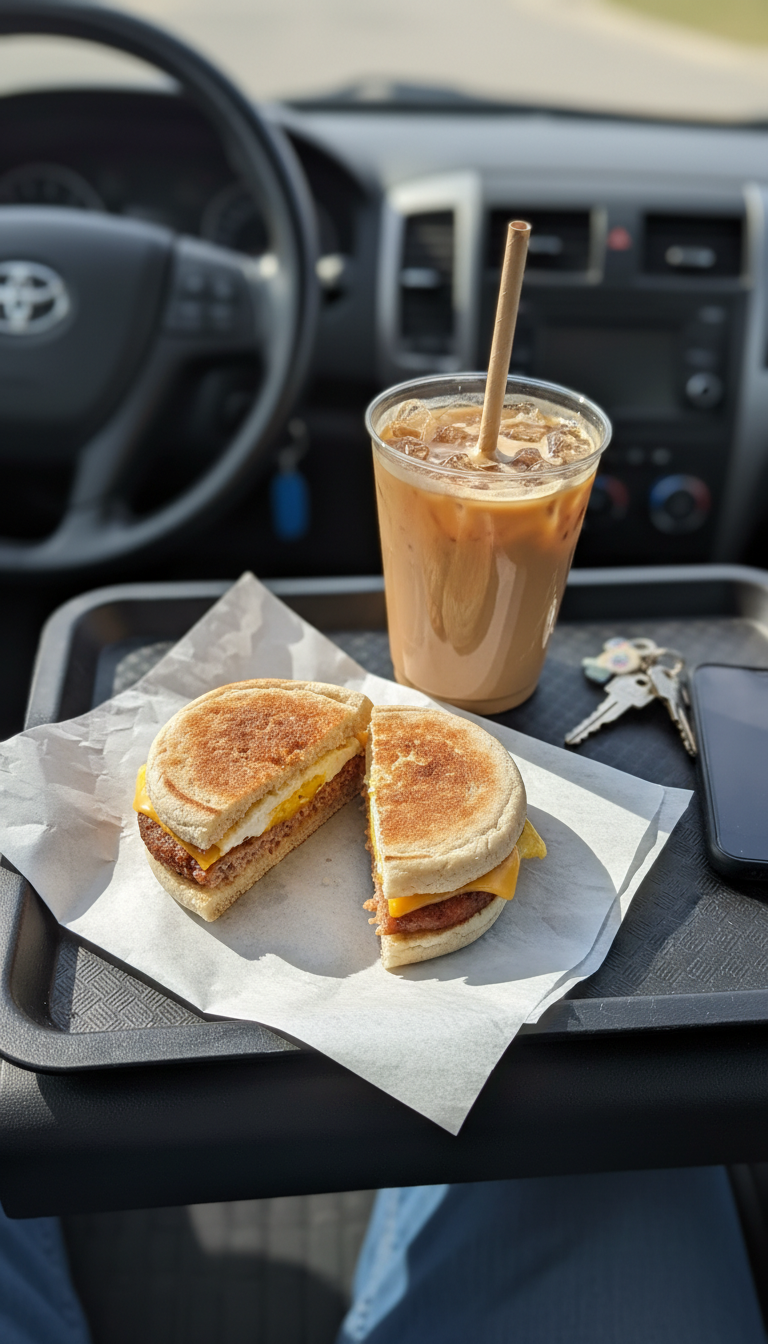 Dunkin' iced coffee, sausage, egg & cheese sandwich, hash browns. On car dashboard, convenient flat lay, bright daylight.