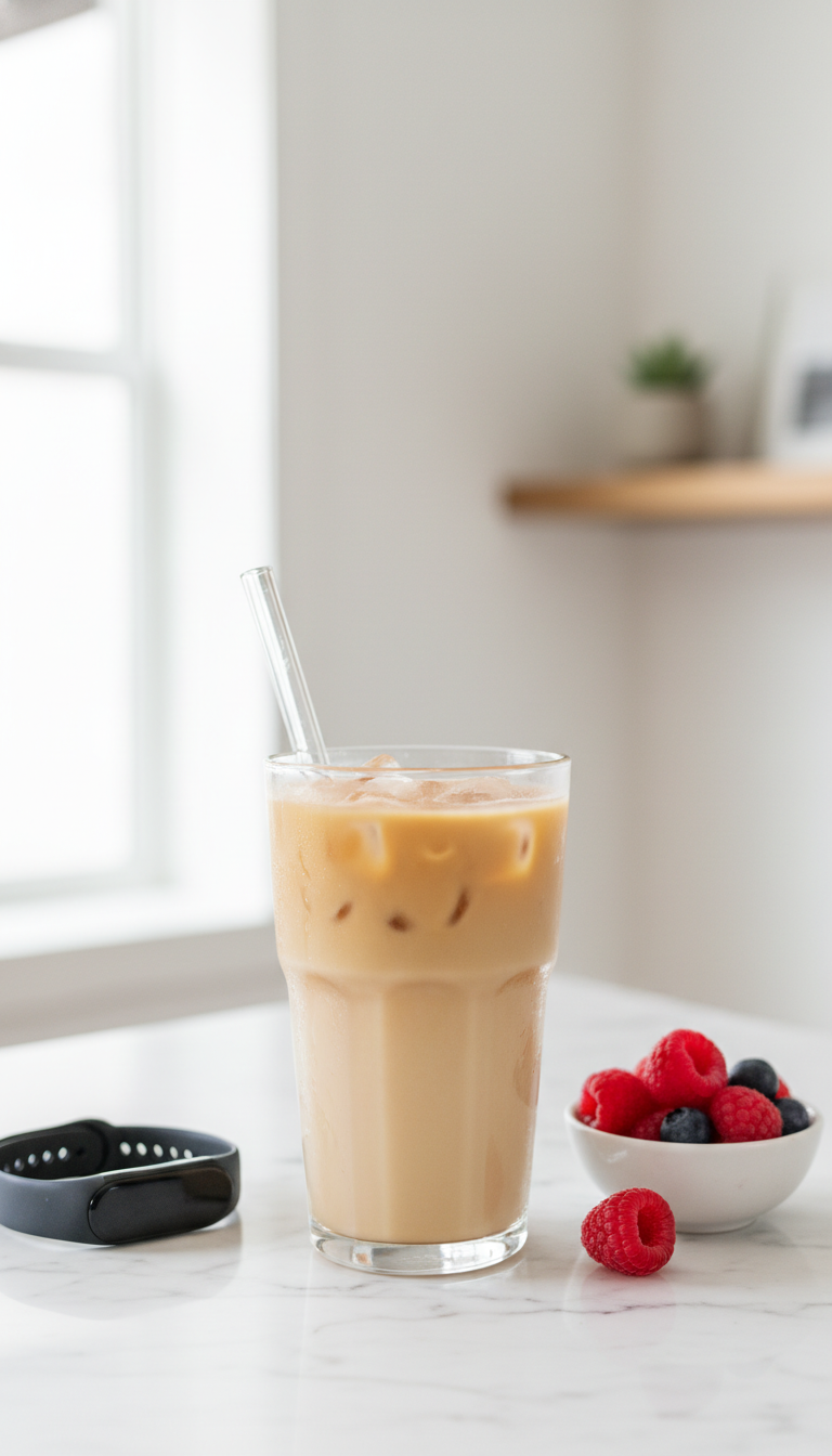 Order Caramel Iced Coffee: Dunkin's 7 Secret Customizations 3 Dunkin' light caramel iced coffee in a clear tumbler with sustainable straw, ice, light tan, on white marble.