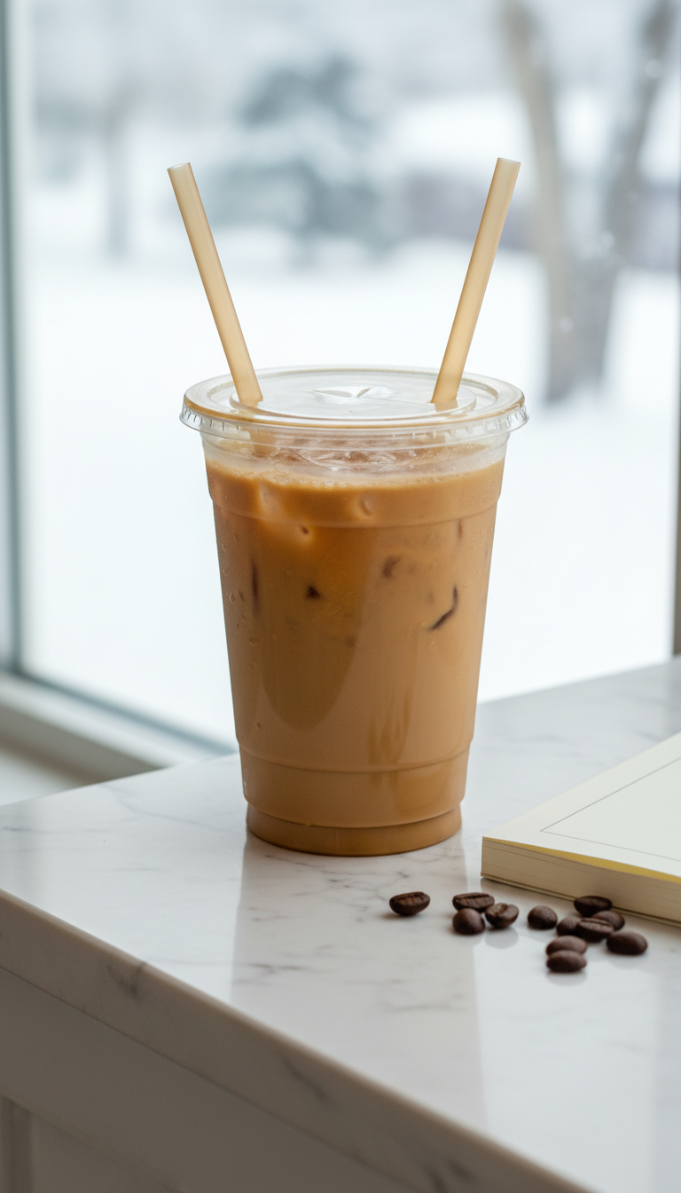 Dunkin' low-calorie iced coffee, light brown, condensation. White marble, snowy window, bright daylight, coffee beans.