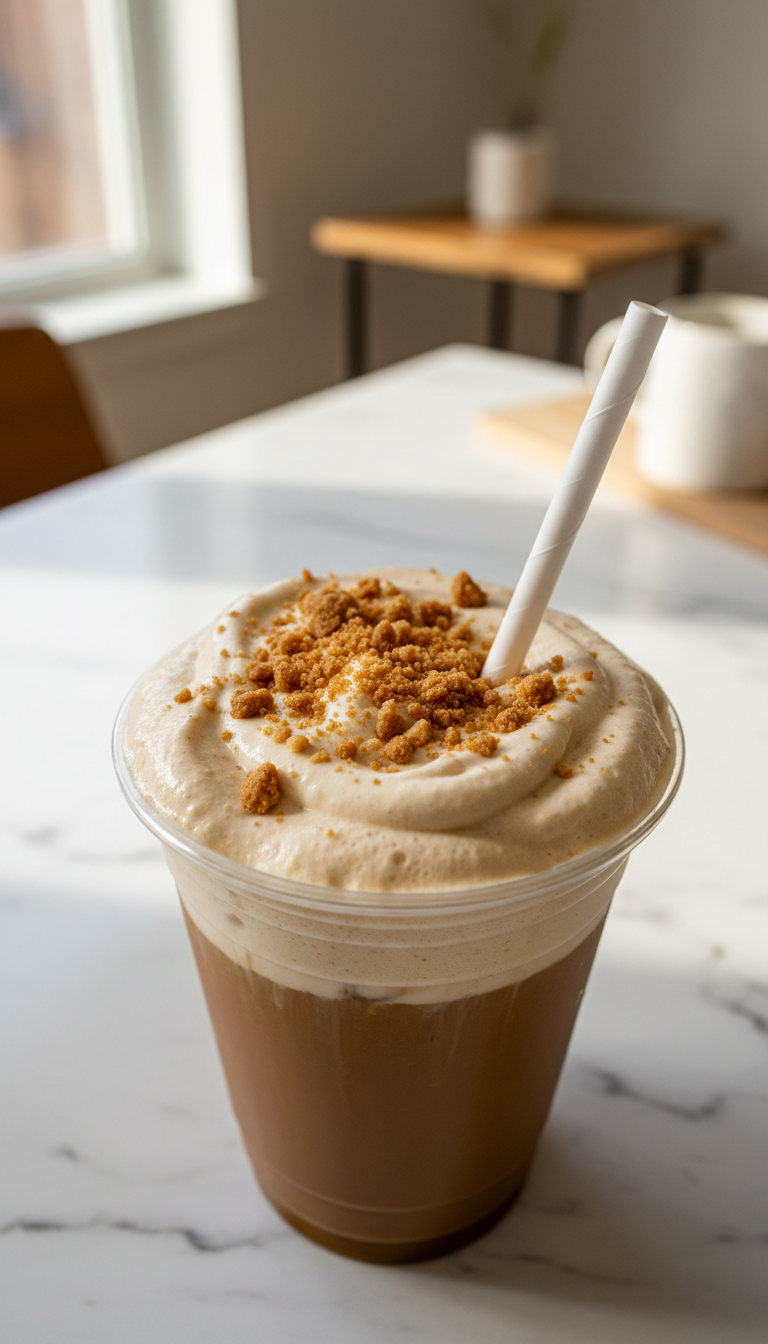 Dunkin-style Cookie Butter Cold Brew with creamy cold foam, golden cookie crumbles, and white straw on a marble counter.