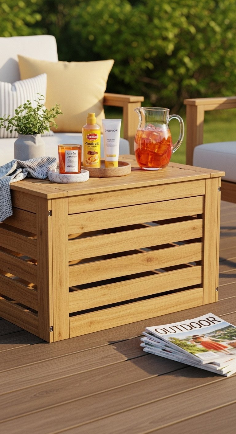 Genius DIY Crate Coffee Table Ideas For Smart Storage 11 Durable outdoor patio crate coffee table made from pressure-treated wood, holding citronella candles on a wooden deck.