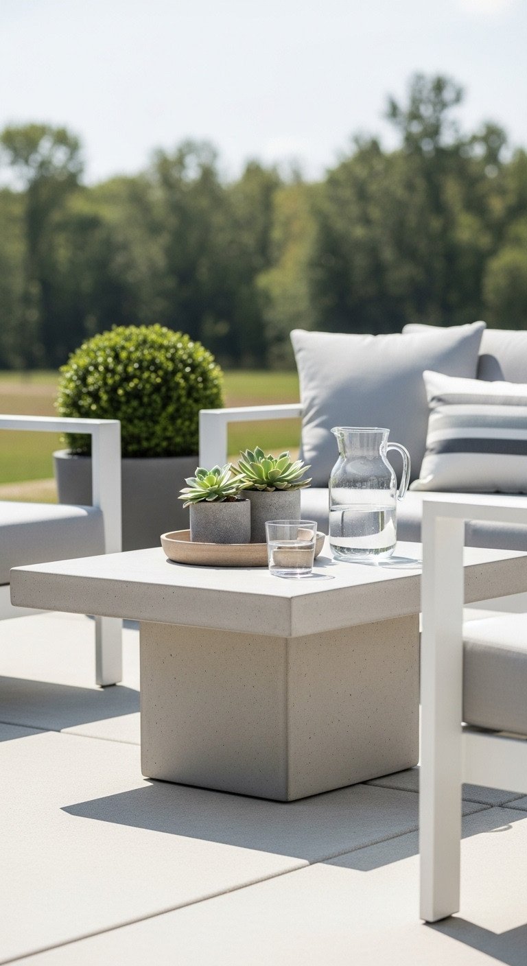 Unique Stone Coffee Table Designs To Transform Any Living Space 15 Durable outdoor stone coffee table on concrete patio with modern seating, natural greens, and potted succulents.