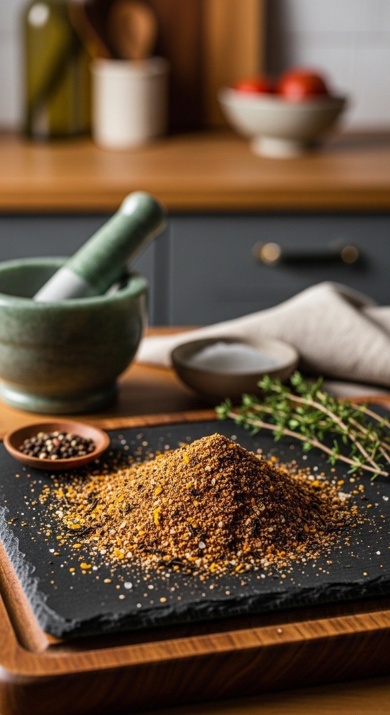 Master Earl Grey Recipes Perfect London Fog Latte at Home 13 Earl Grey citrus dry rub with orange zest, tea, salt, and pepper on a dark wooden board with thyme and mortar.