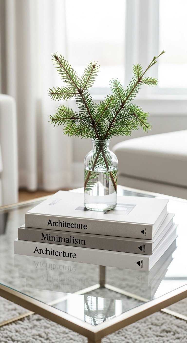 Effortless minimalist Christmas decor: stacked coffee table books with an evergreen sprig in a glass bottle on a square glass table.
