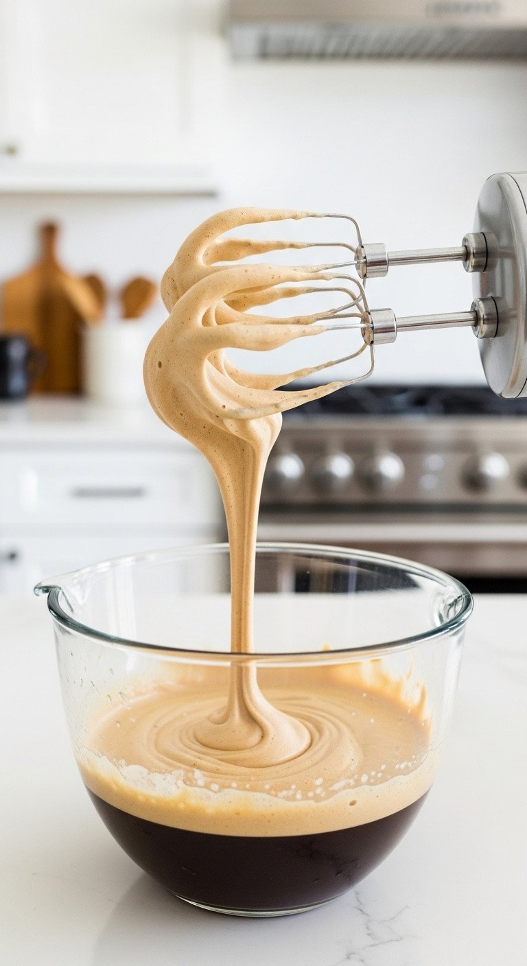 Dalgona Coffee Tested Recipe Science And Troubleshooting 5 Electric mixer whips thick, pale brown dalgona coffee foam to stiff peaks in a bowl, showcasing creamy caramel texture.