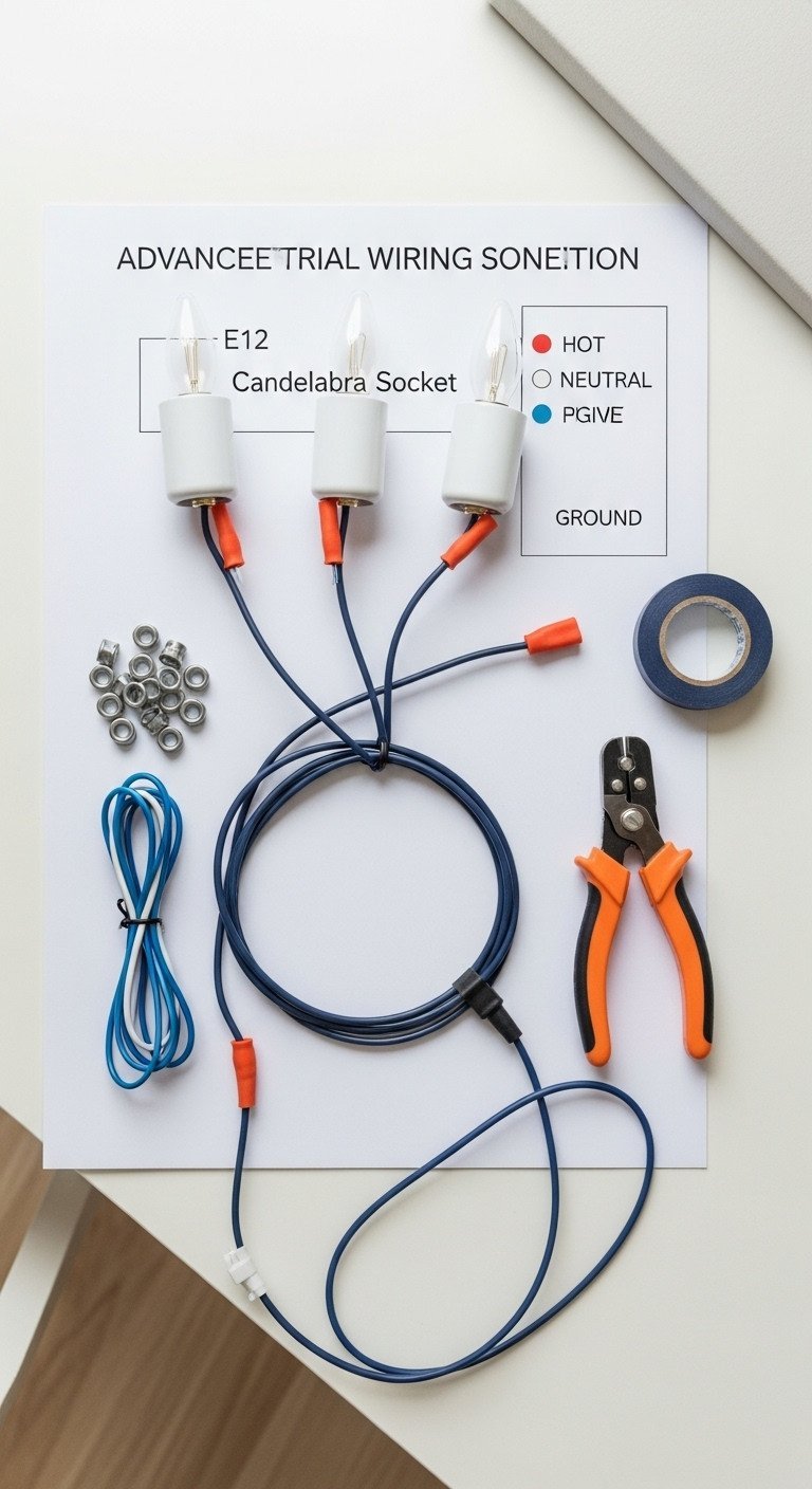 Teacup Chandelier DIY Secrets Wiring Safety And Porcelain Drilling 7 Electrical wiring diagram for E12 candelabra sockets, parallel connection with wire nuts, alongside DIY tools for chandelier assembly.