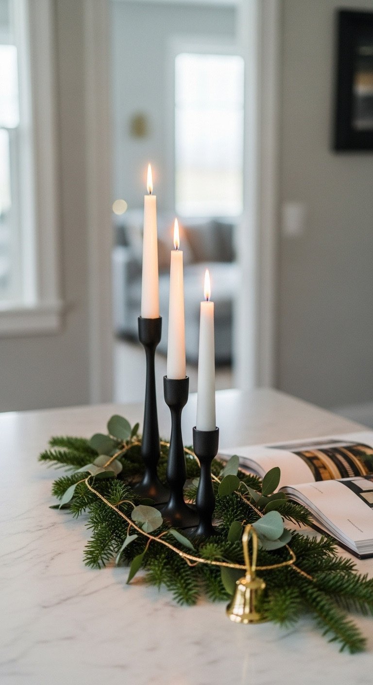 Elegant Christmas centerpiece: matte black candle holders with white tapers, fir eucalyptus garland, gold bell on marble table.
