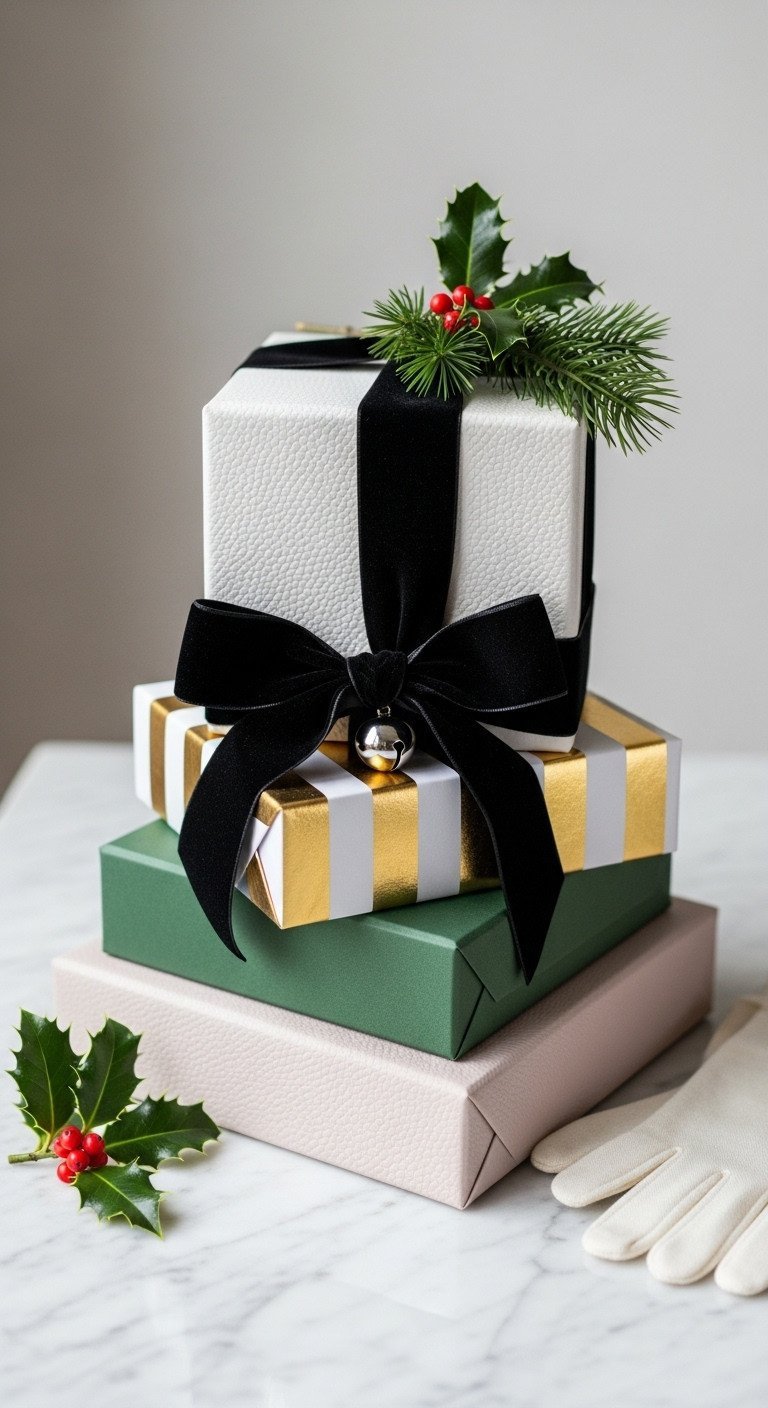 Elegant Christmas centerpiece: nested decorative boxes with black velvet bow and silver jingle bell on marble.