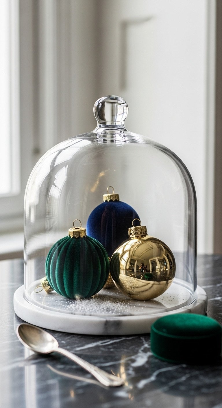 Elegant Christmas cloche on marble base, showcasing emerald, navy, and gold ornaments with faux snow. Luxury holiday decor.