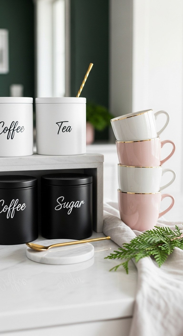 Elegant Christmas coffee storage: matte canisters, sophisticated gold-rimmed mugs on white marble counter, cypress sprig.