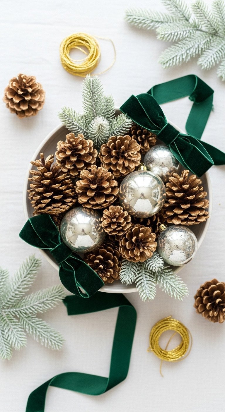 11 Glam Christmas Coffee Table Decor Ideas For Stunning Style 5 Elegant Christmas coffee table decor: ceramic bowl with gold pinecones, silver ornaments, emerald ribbon, frosted greenery. Sophisticated holiday.