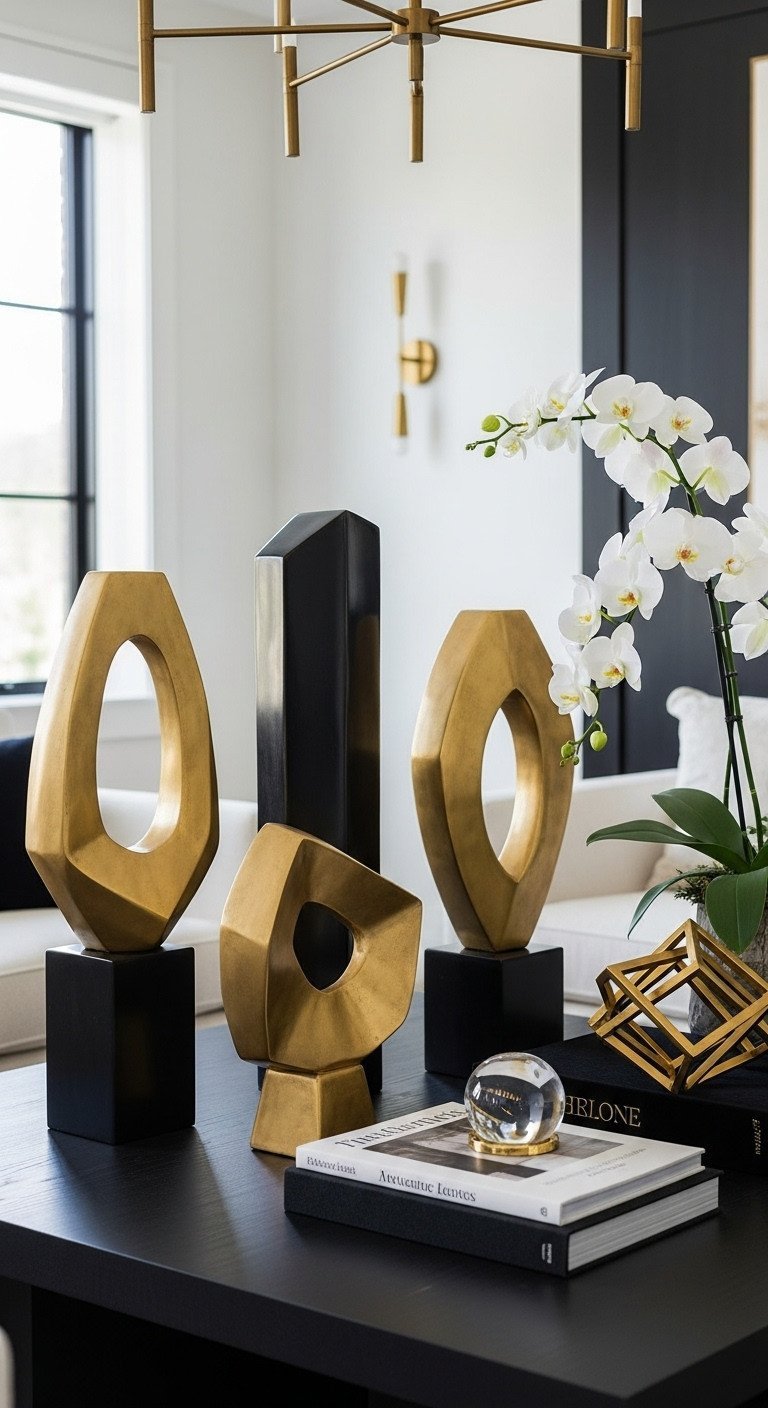11 Glam Christmas Coffee Table Decor Ideas For Stunning Style 19 Elegant Christmas decor: matte black coffee table with polished geometric gold sculptures, white orchid. Modern sophisticated holiday styling.