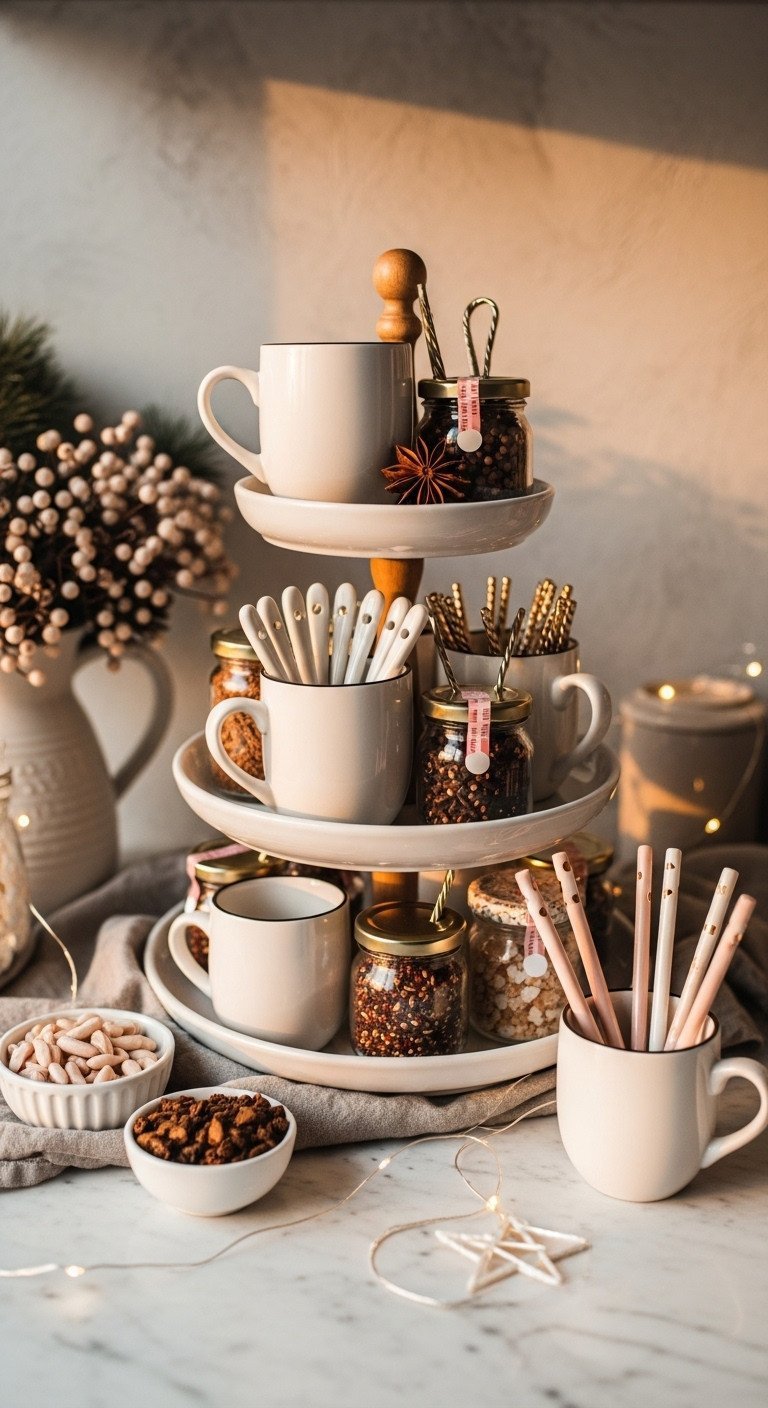 11 Genius Christmas Coffee Hot Chocolate Bar Ideas 3 Elegant Christmas hot chocolate bar with a tiered stand of white mugs, mini topping jars, and fairy lights on marble.
