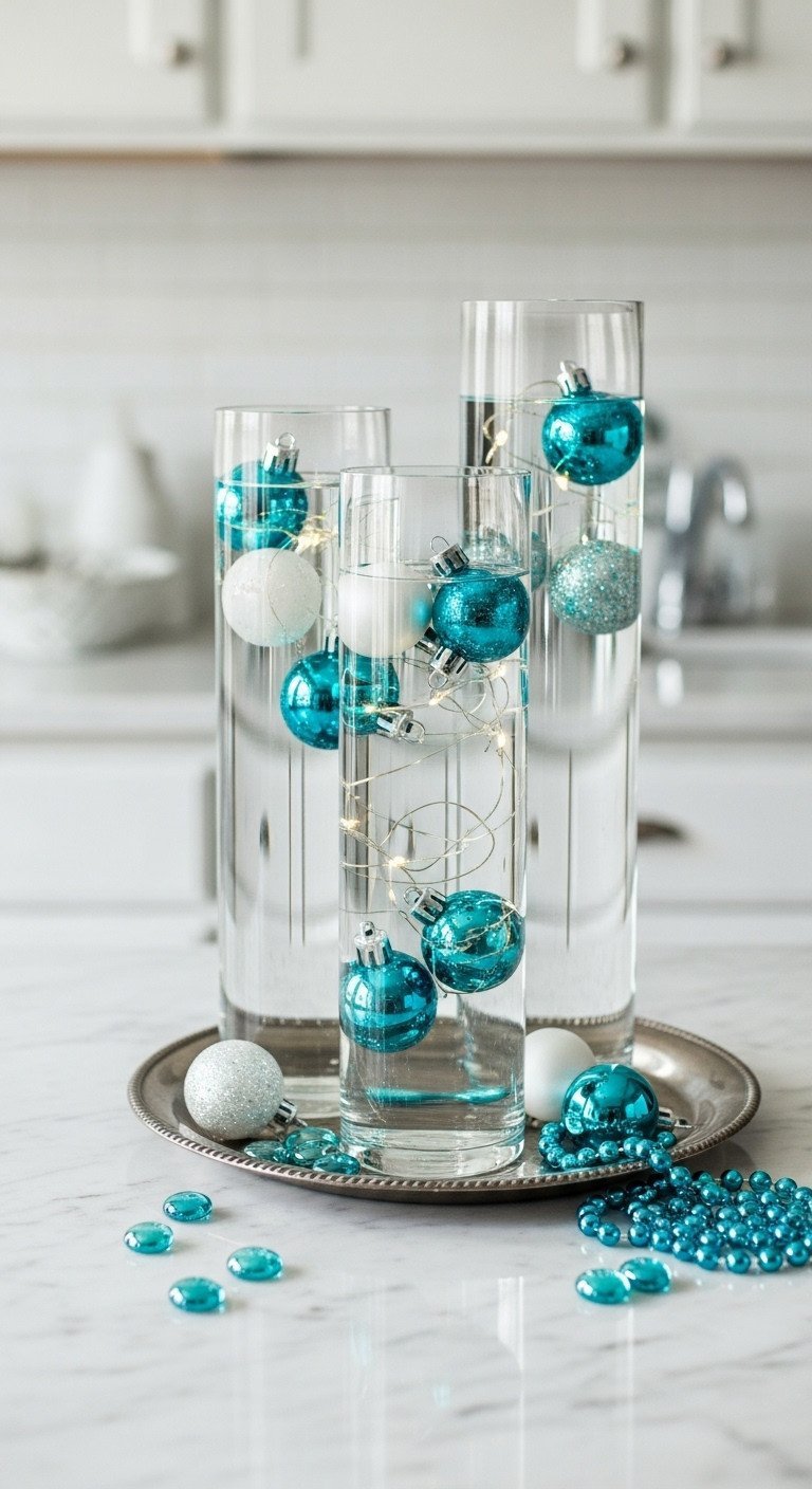 Elegant Christmas table decor: glass cylinders with floating blue and white ornaments, illuminated by LED lights on a marble countertop.