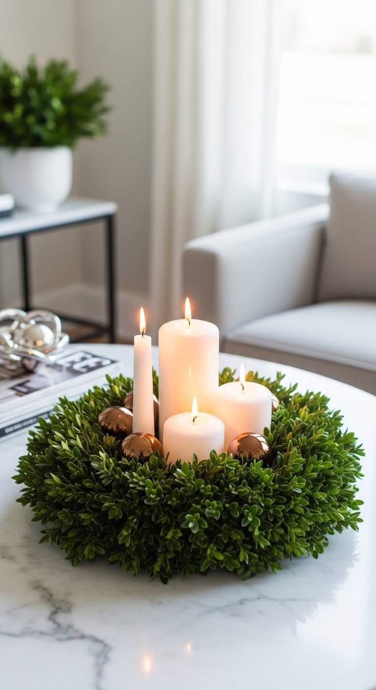 Elegant DIY Christmas coffee table decor featuring a lush boxwood wreath, glowing white pillar candles, and metallic bronze ornaments.