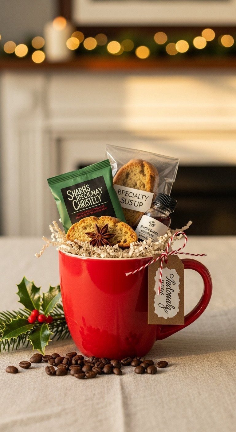 Elegant DIY gift basket featuring a red Christmas coffee mug filled with gourmet coffee, biscotti, syrup. Festive holiday.