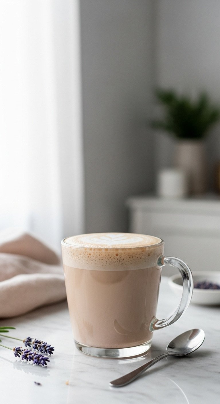 Tea Latte Recipes Ultimate Guide To Perfect Ratios And Foam 3 Elegant Earl Grey London Fog Latte, lavender microfoam, clear glass mug, sprig, silver spoon on marble. Soft window light, serene tea.