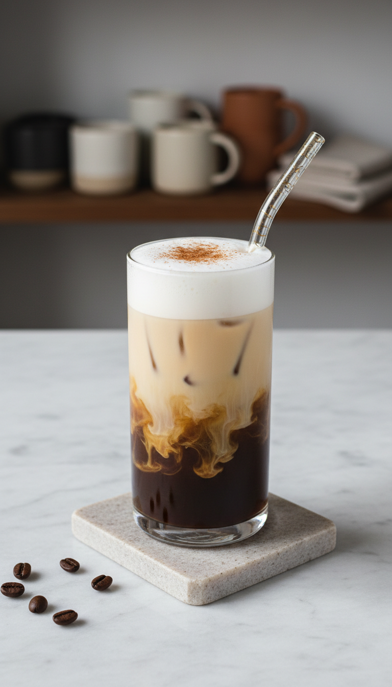 Homemade Date Coffee Syrup: Easy Natural Sweetener 11 Elegant Iced Date Latte in a tall glass, layered with cold brew, oat milk, and date syrup, topped with foam.