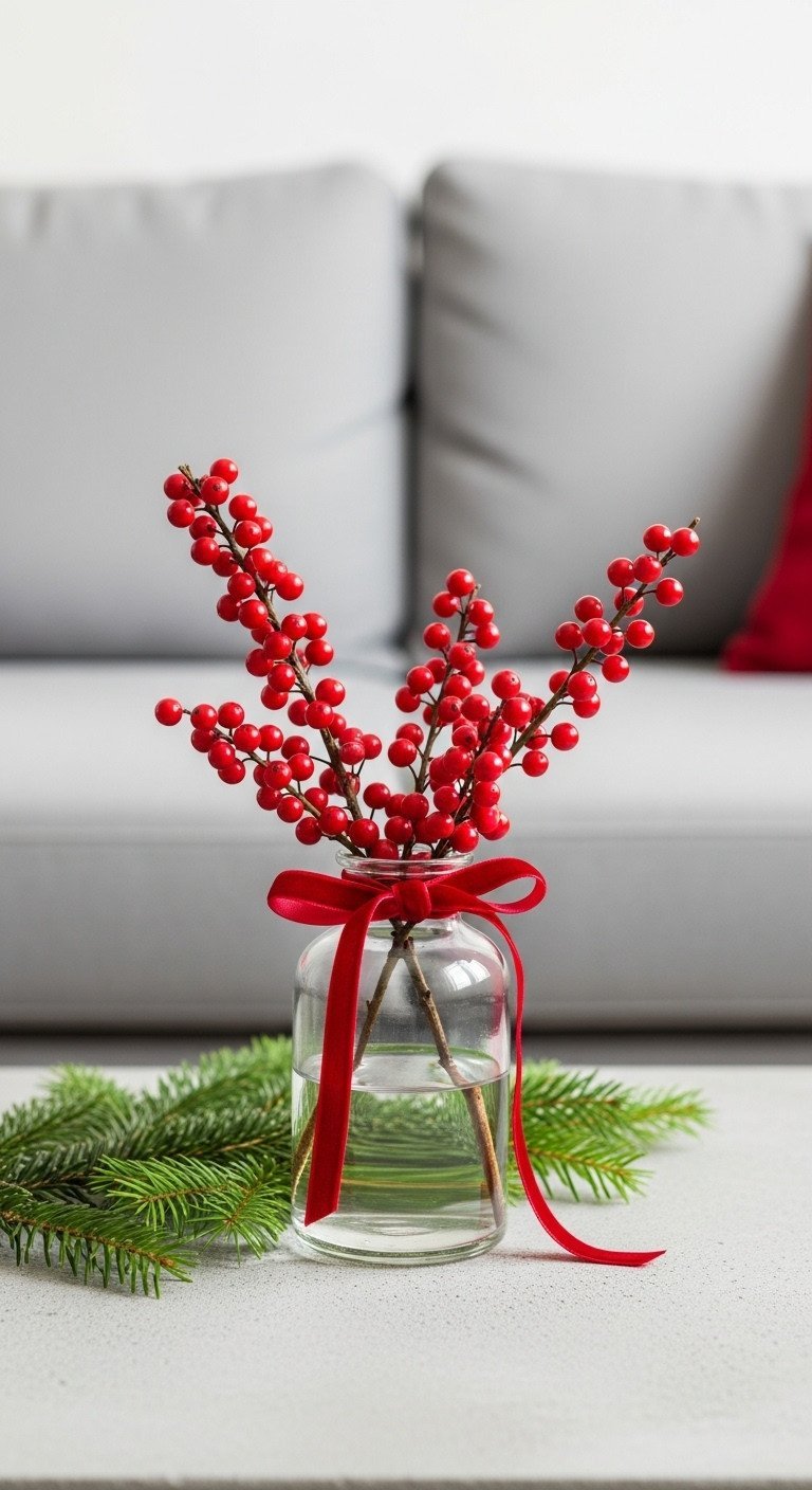 Elegant Nordic Christmas coffee table decor: glass vase with red Ilex berries, crimson velvet ribbon, evergreen sprigs.