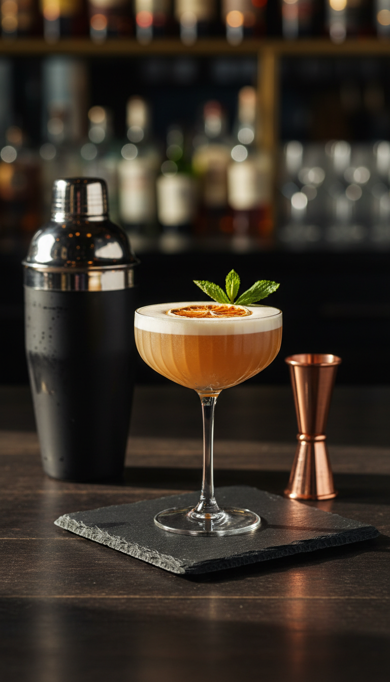 Elegant almond syrup cocktail, like an amaretto sour, in a chic coup glass with citrus garnish on a dark bar surface.