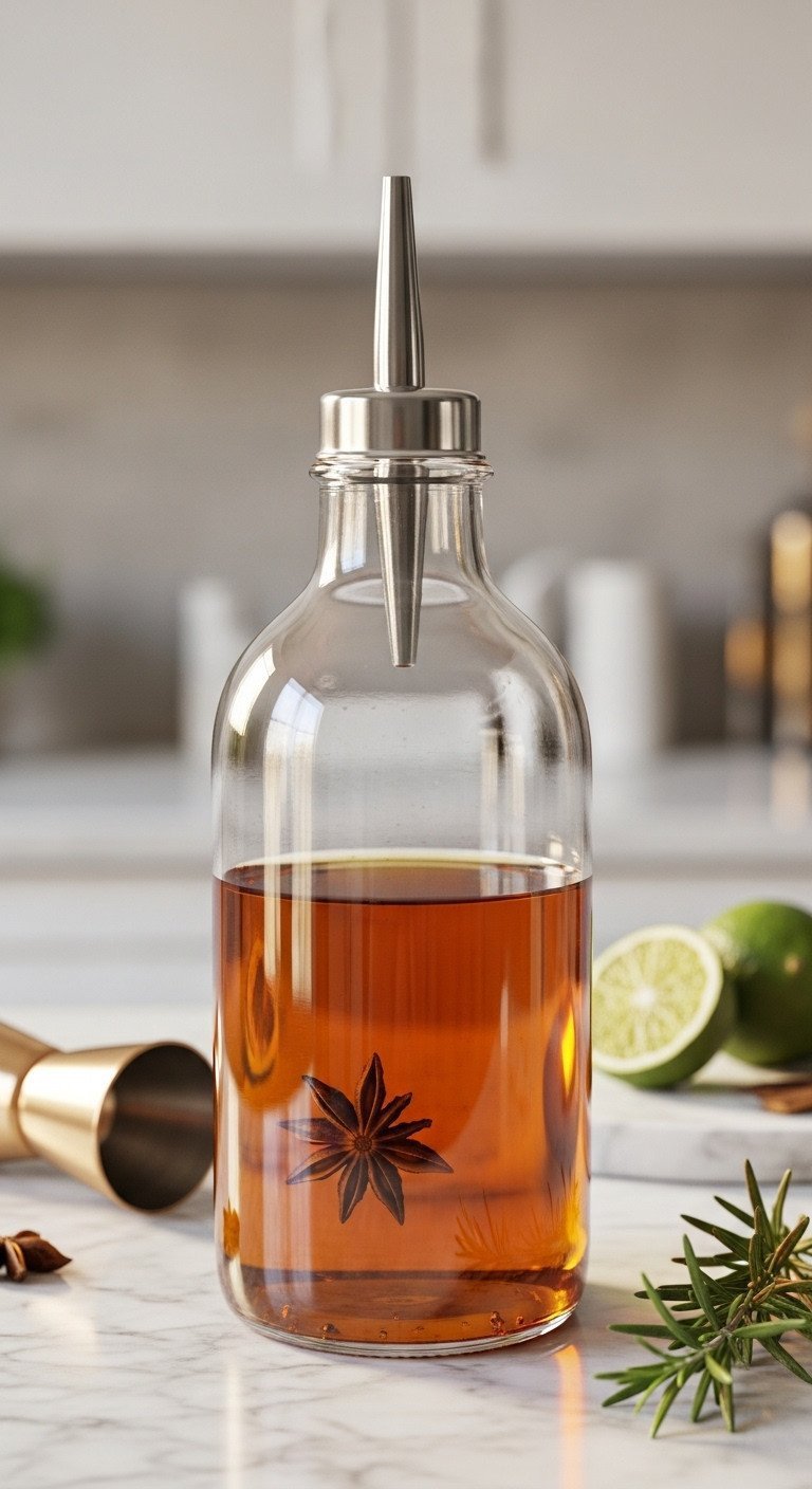 Master Earl Grey Recipes Perfect London Fog Latte at Home 5 Elegant amber Bergamot simple syrup in a glass dispenser with star anise, jigger, and rosemary on a marble countertop.