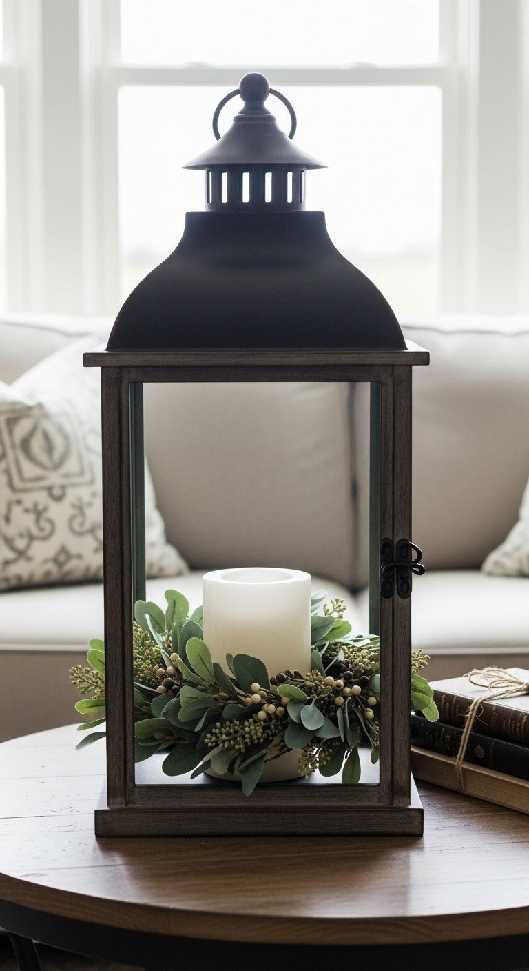 Elegant black metal farmhouse lantern with white pillar candle and eucalyptus berry wreath on coffee table. Home decor.