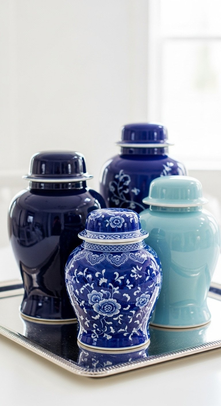 Elegant blue and white porcelain ginger jars with intricate Chinoiserie patterns on a silver tray, creating a sophisticated centerpiece.