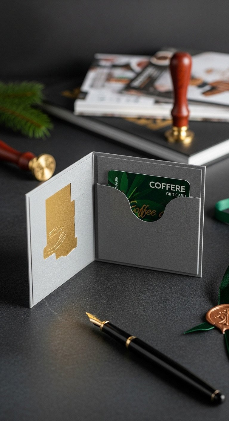 Elegant book-style coffee gift card holder with metallic gold cover, embossed texture, revealing a gift card.