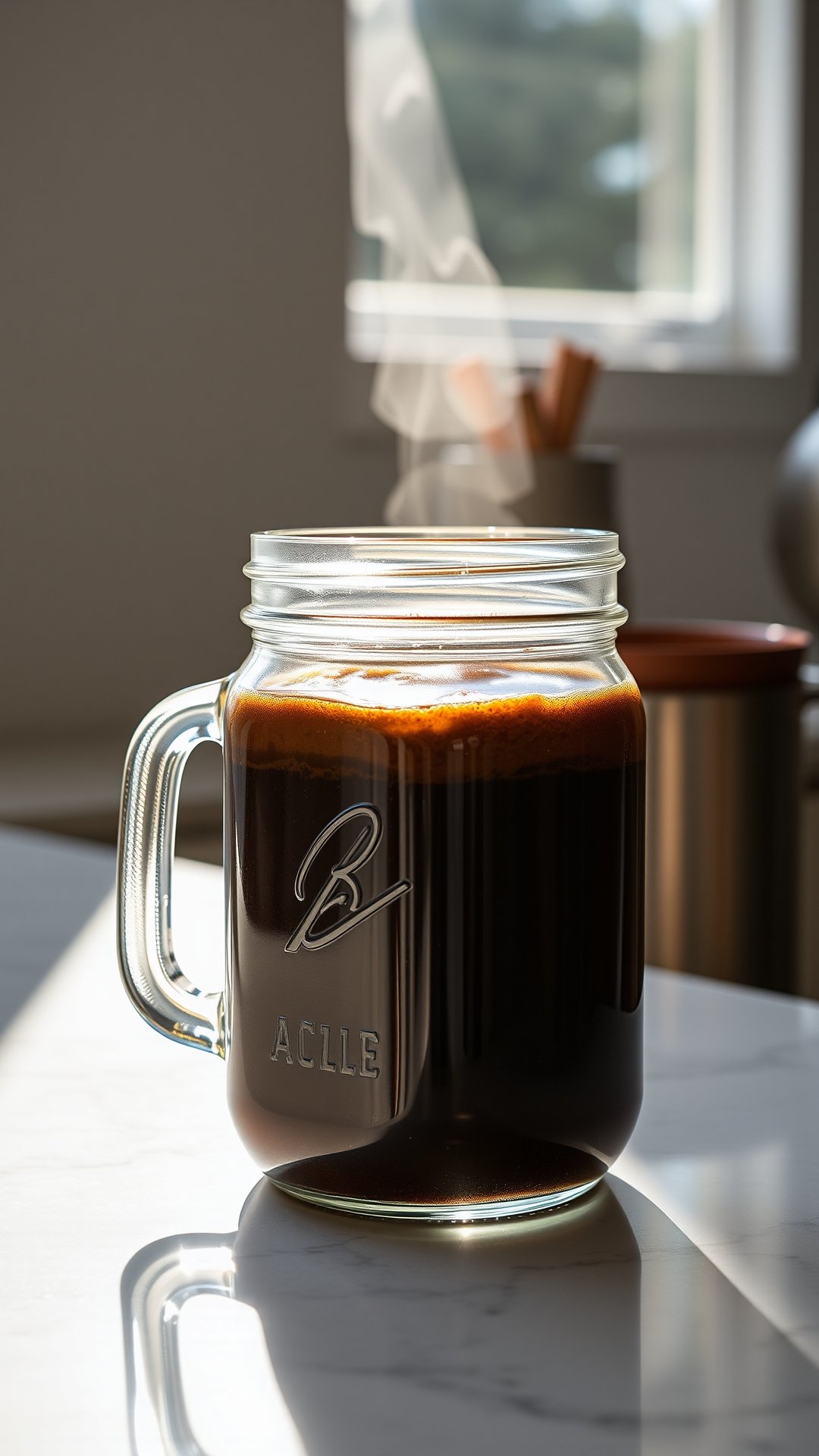 Elegant ceramic mug of Dalgona coffee with a thick, frothy whipped topping, next to a spoon on a gray marble surface.