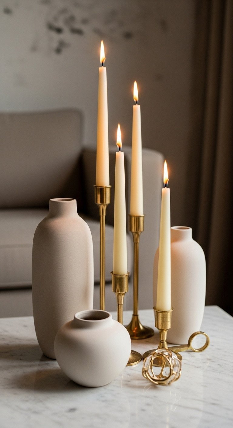 Elegant ceramic vases & brass candlesticks with ivory taper candles on pale marble coffee table. Sophisticated.