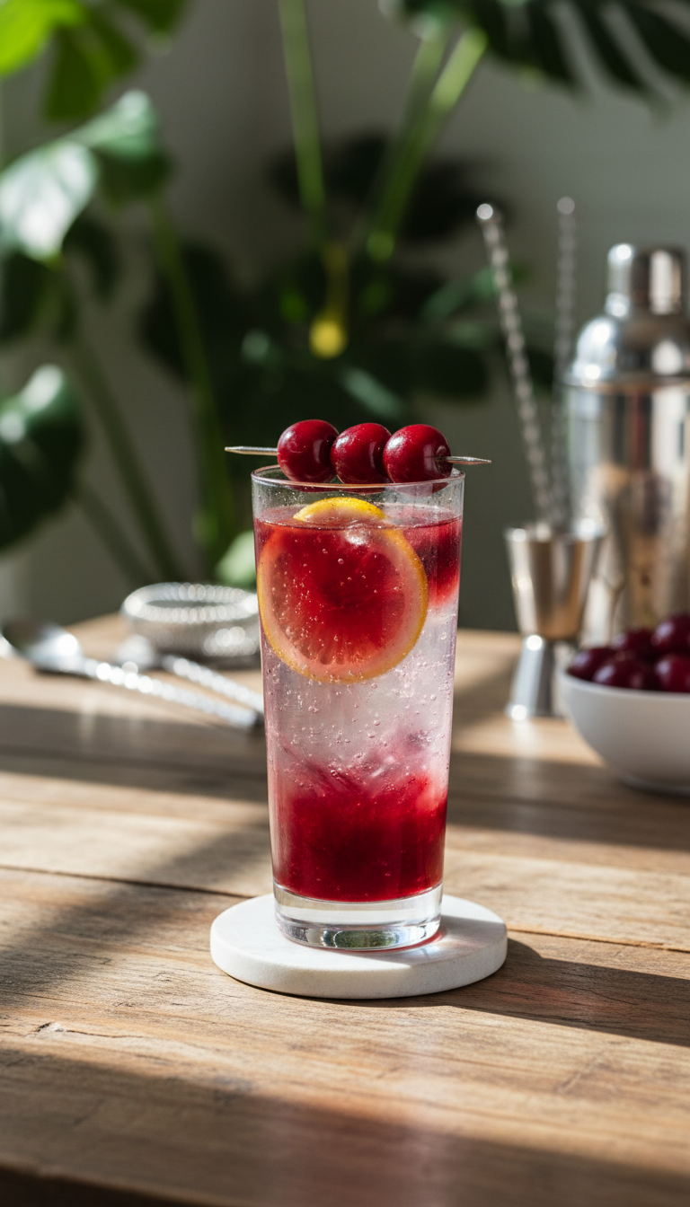 Elegant cherry mocktail with sparkling water, fresh cherries, and lemon in a tall glass on a rustic table with green plants.