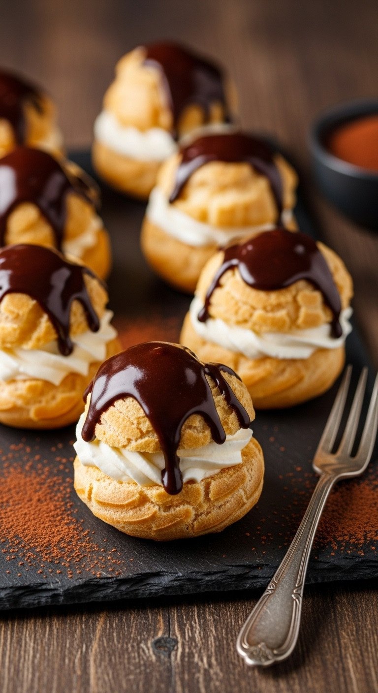 Elegant chocolate espresso cream puffs, glossy ganache drizzle over espresso cream, on a black slate tray for dessert.
