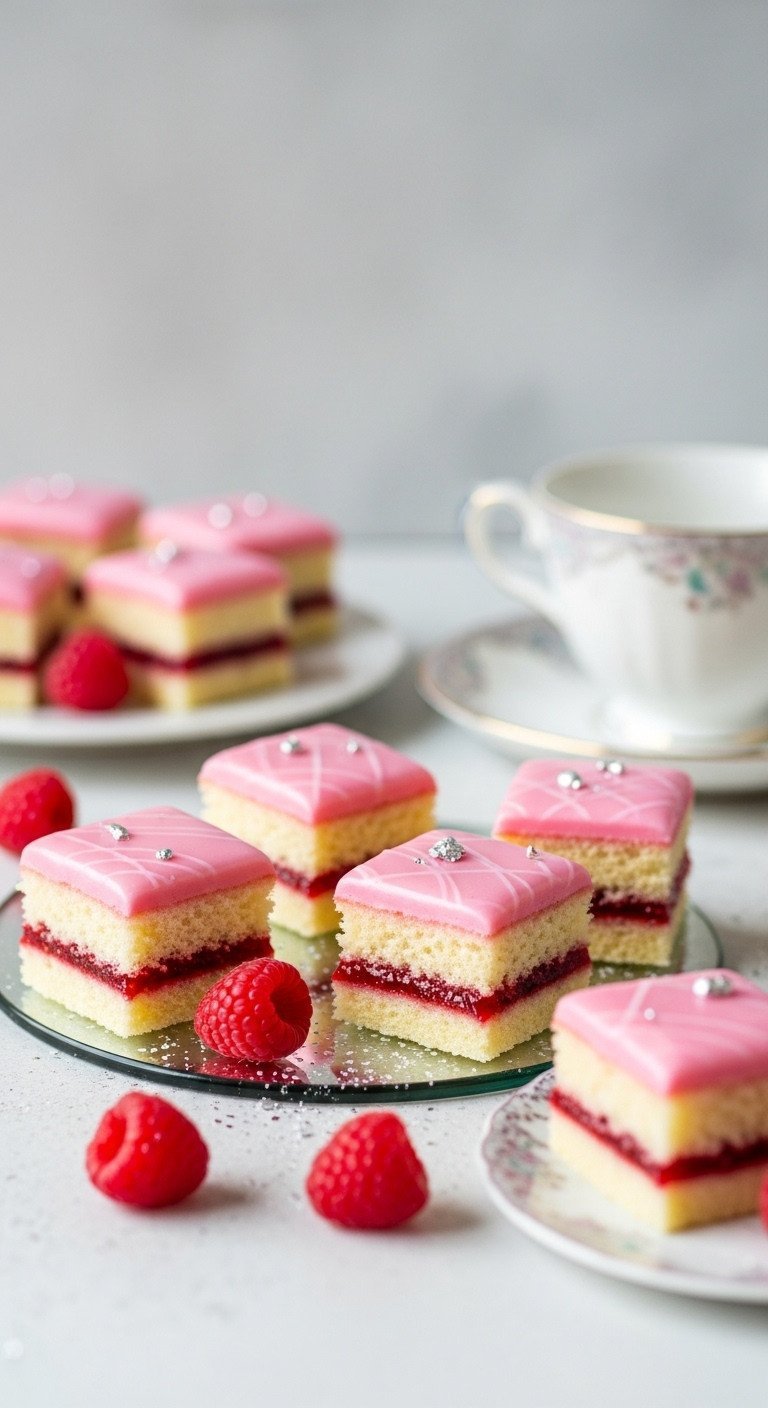 Elegant classic raspberry petit fours, shiny pink fondant glaze, delicate cake layers on a mirrored tray, perfect for parties.