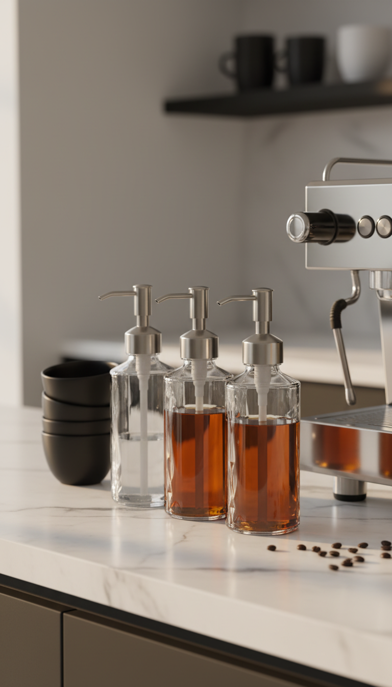 Homemade Coffee Syrup Jars: Design & Store Like a Pro 5 Elegant clear glass syrup bottles with stainless steel pumps on a marble coffee bar next to an espresso machine.