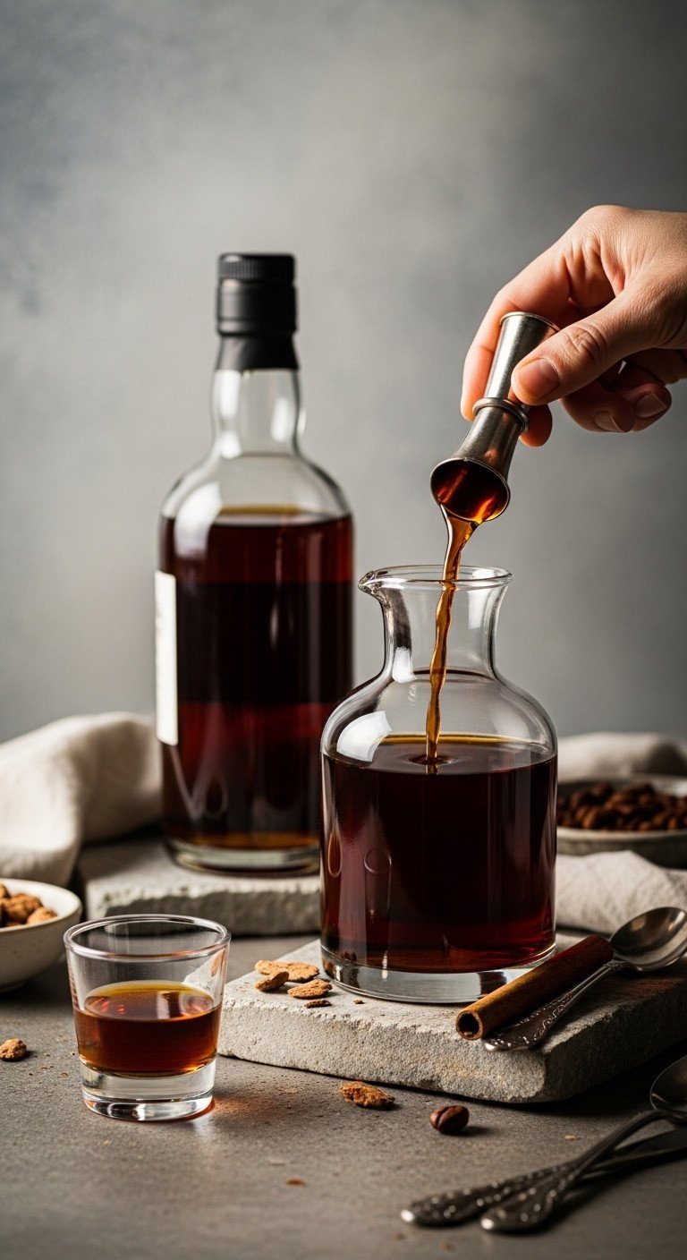 7 Essential Coffee Liqueur Hacks for Better Cocktails 5 Elegant coffee liqueur in a glass decanter and dark aged rum bottle with oak chips on a stone surface.
