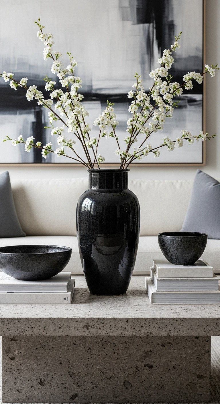 Elegant coffee table decor: tall vase, broad items, books on stone. Focus on scale and proportion.