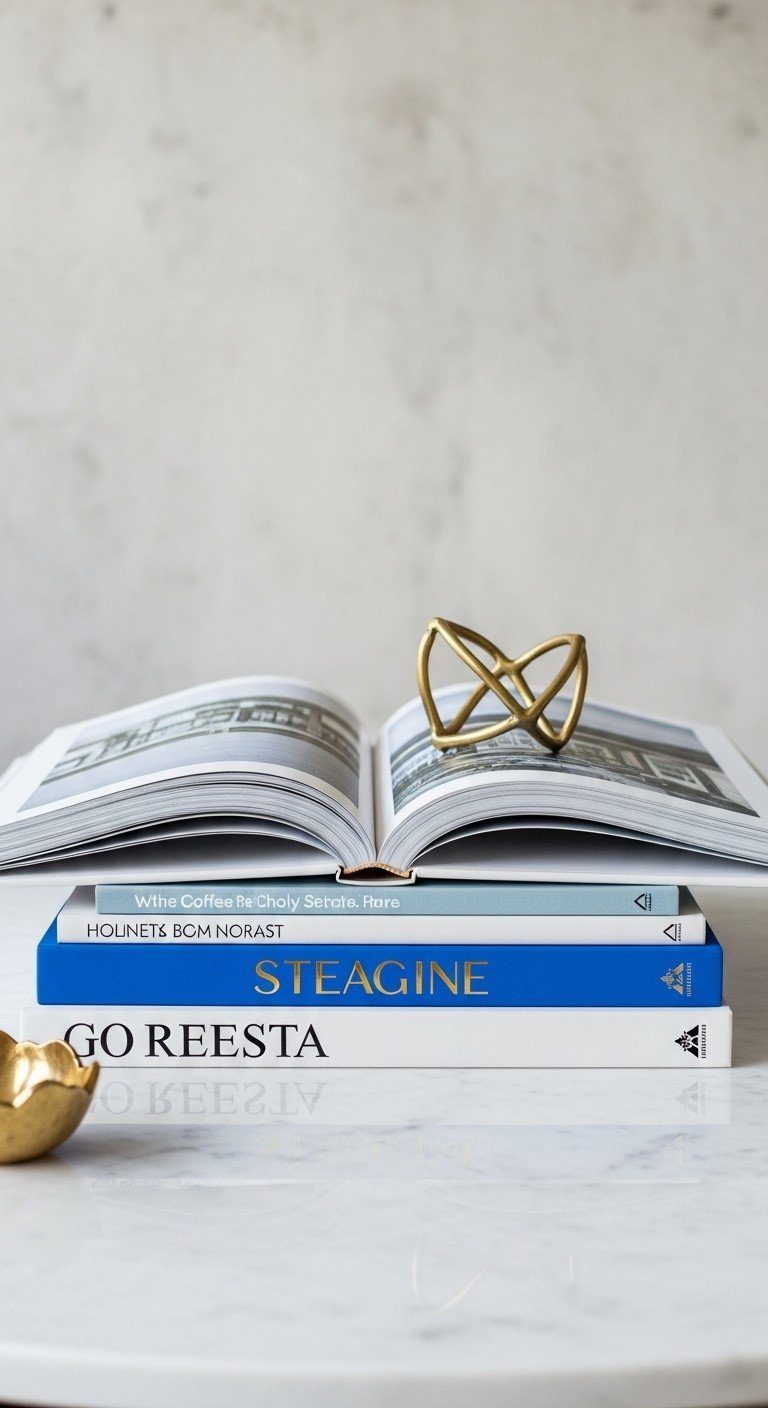 Elegant coffee table styling: stack of colorful books, open to a landscape, with a delicate brass sculpture on white marble.