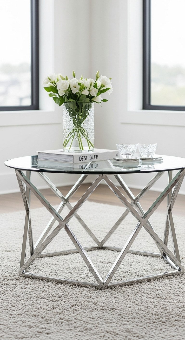 Elegant contemporary round glass coffee table with intricate geometric chrome base, white flowers on a shag rug.