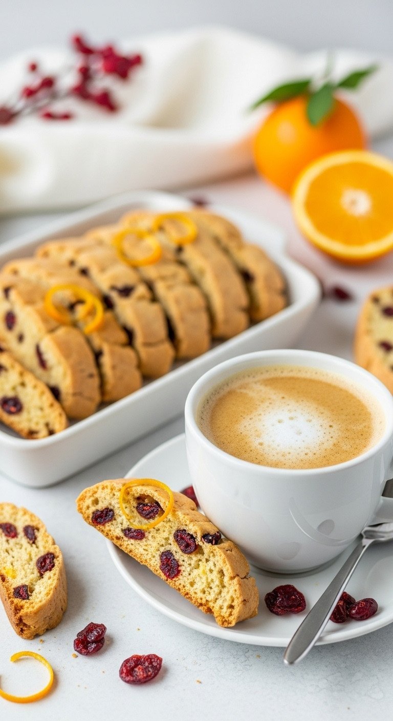 Elegant cranberry orange biscotti, crisp and twice-baked with zest, beside steaming coffee on white stoneware and festive decor.