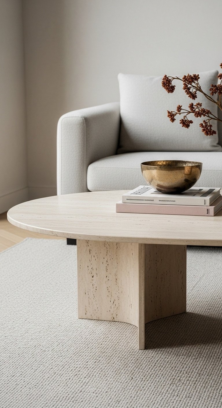 Elegant curved coffee table with travertine base and marble top, styled with a metal bowl and art book.